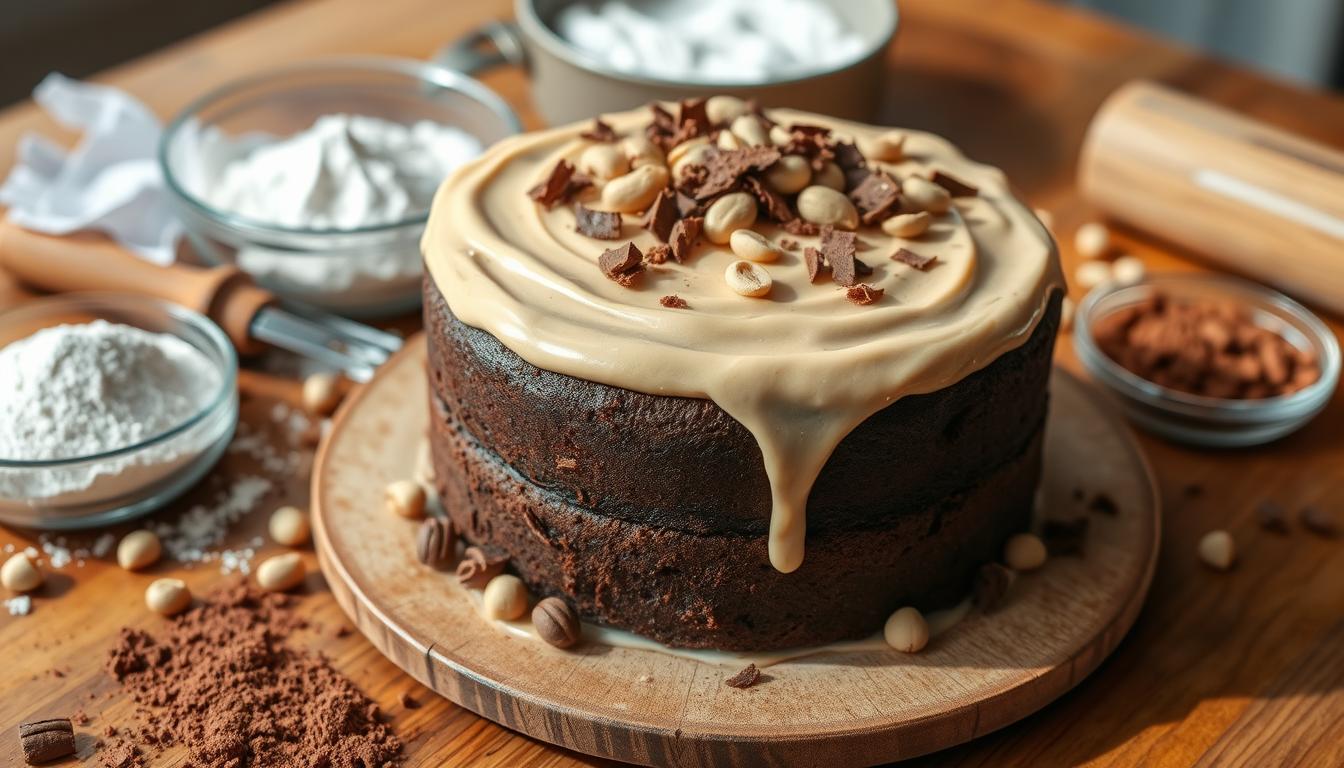 chocolate cake with peanut butter frosting​